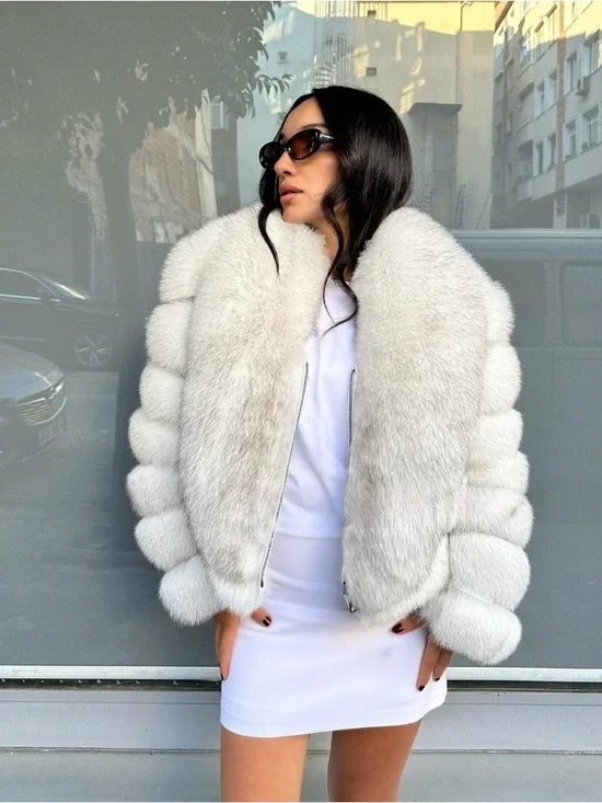 Luxury White Genuine Fox Fur Bomber Jacket NWOT - Picture 4 of 9